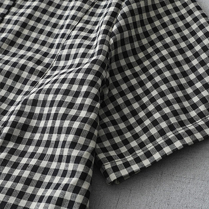 Robe mi-longue Buddha Stones à carreaux style vintage avec revers et manches courtes en coton et poches - image 4