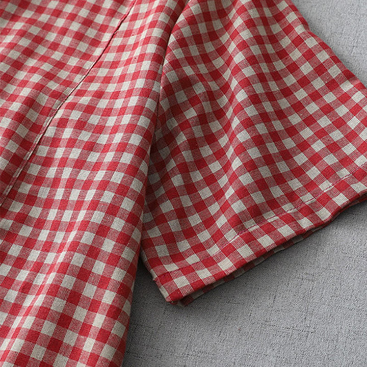 Robe mi-longue Buddha Stones à carreaux style vintage avec revers et manches courtes en coton et poches - image 10