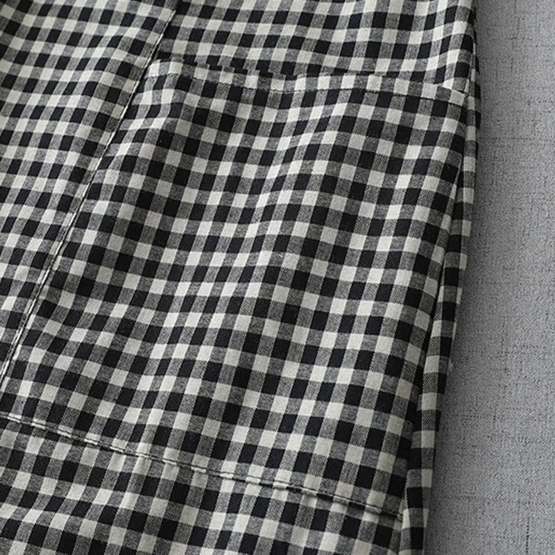 Robe mi-longue Buddha Stones à carreaux style vintage avec revers et manches courtes en coton et poches - image 3