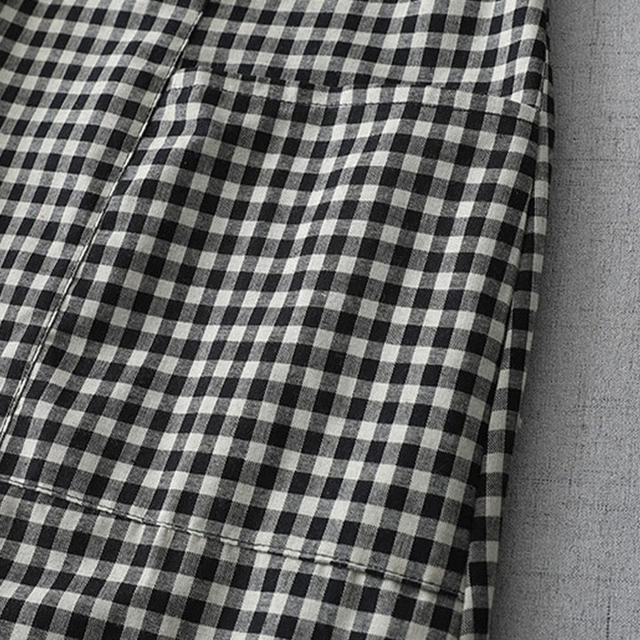 Robe mi-longue Buddha Stones à carreaux style vintage avec revers et manches courtes en coton et poches - image 3