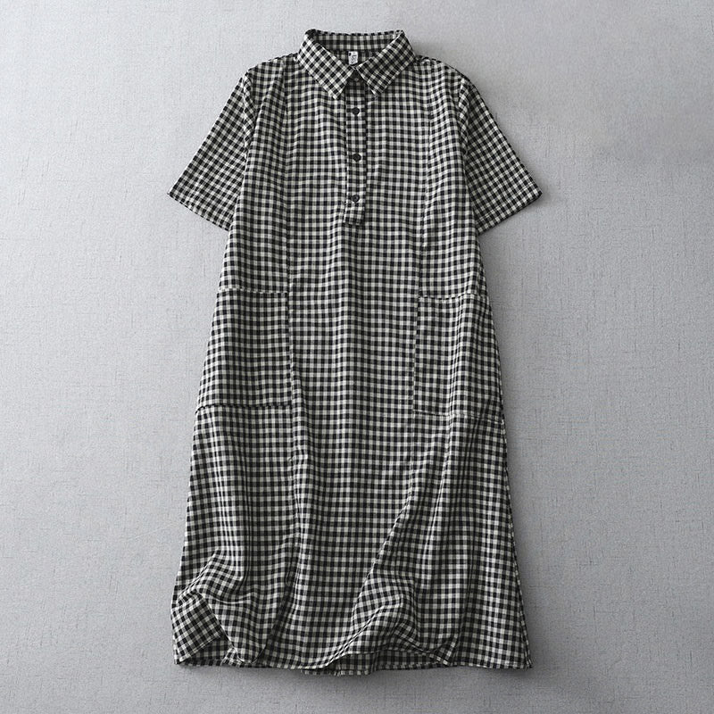 Robe mi-longue Buddha Stones à carreaux style vintage avec revers et manches courtes en coton et poches - Noir - US8-10，UK/AU12-14，EU40-42 (2XL) - image 0