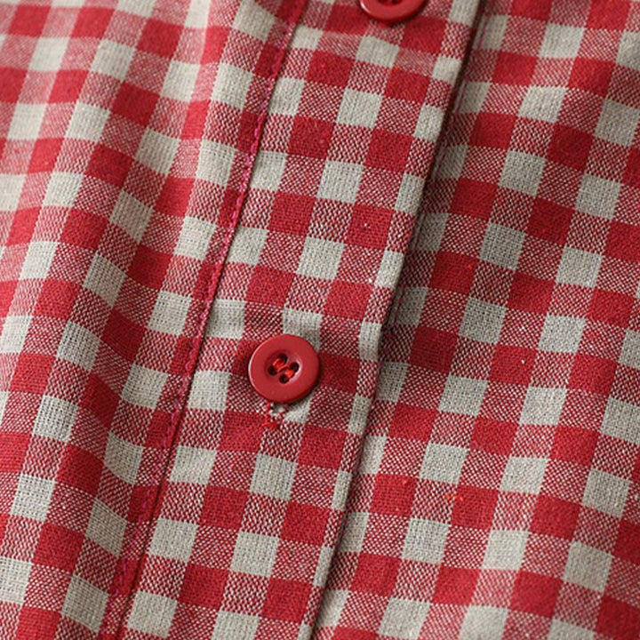 Robe mi-longue Buddha Stones à carreaux style vintage avec revers et manches courtes en coton et poches - image 11