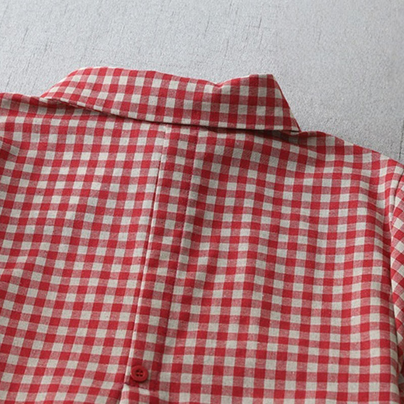 Robe mi-longue Buddha Stones à carreaux style vintage avec revers et manches courtes en coton et poches - image 9