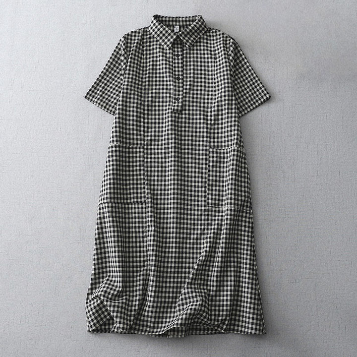 Robe mi-longue Buddha Stones à carreaux style vintage avec revers et manches courtes en coton et poches