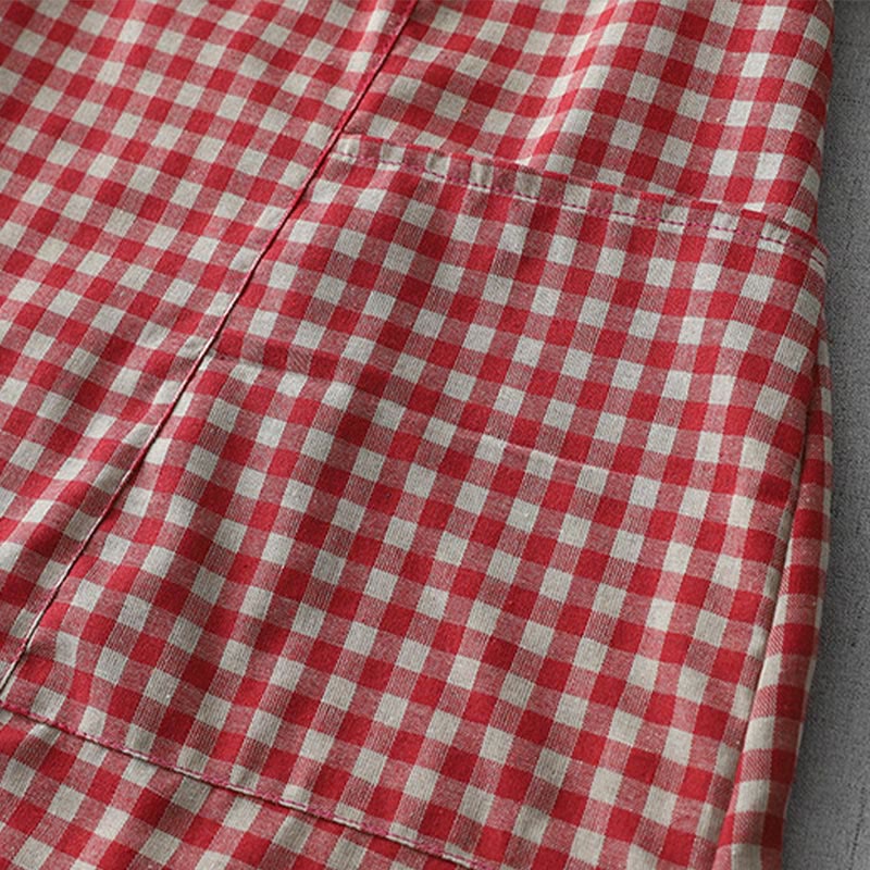 Robe mi-longue Buddha Stones à carreaux style vintage avec revers et manches courtes en coton et poches - image 12