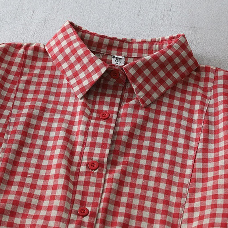 Robe mi-longue Buddha Stones à carreaux style vintage avec revers et manches courtes en coton et poches - image 8