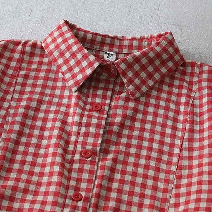 Robe mi-longue Buddha Stones à carreaux style vintage avec revers et manches courtes en coton et poches - image 8