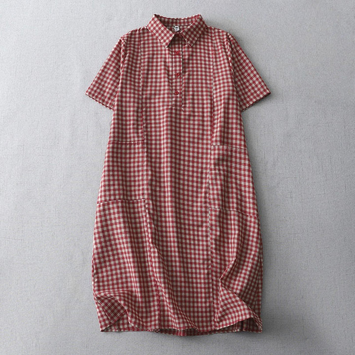 Robe mi-longue Buddha Stones à carreaux style vintage avec revers et manches courtes en coton et poches - Cramoisi - US8-10，UK/AU12-14，EU40-42 (2XL) - image 6
