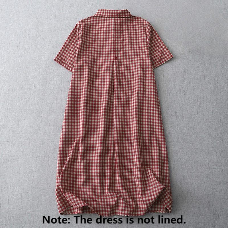 Robe mi-longue Buddha Stones à carreaux style vintage avec revers et manches courtes en coton et poches - image 7