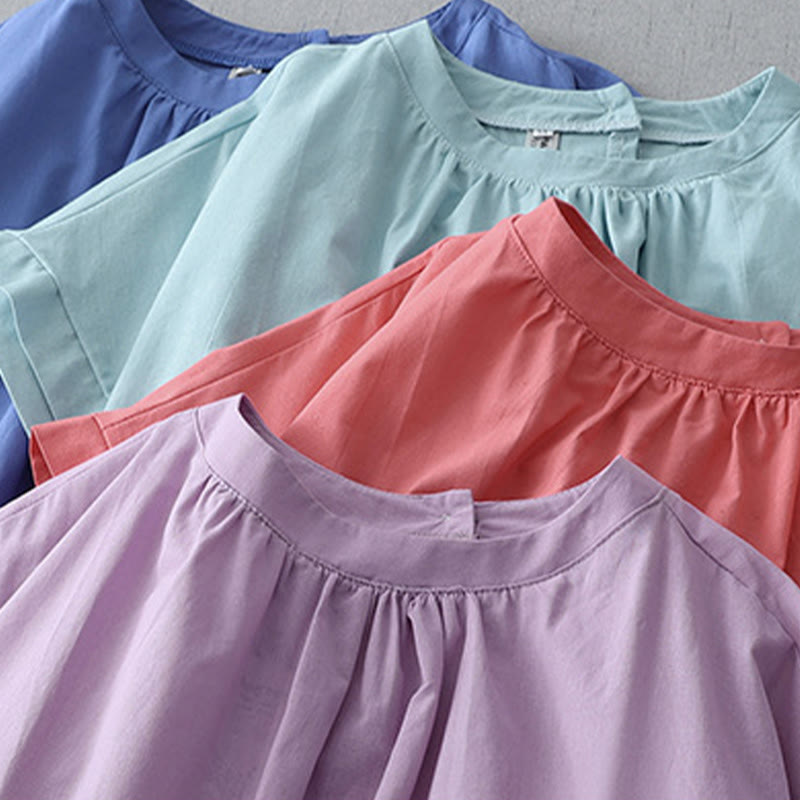 Robe mi-longue décontractée en coton et lin avec boutons au dos, couleur pure, col ras du cou, manches courtes et poches