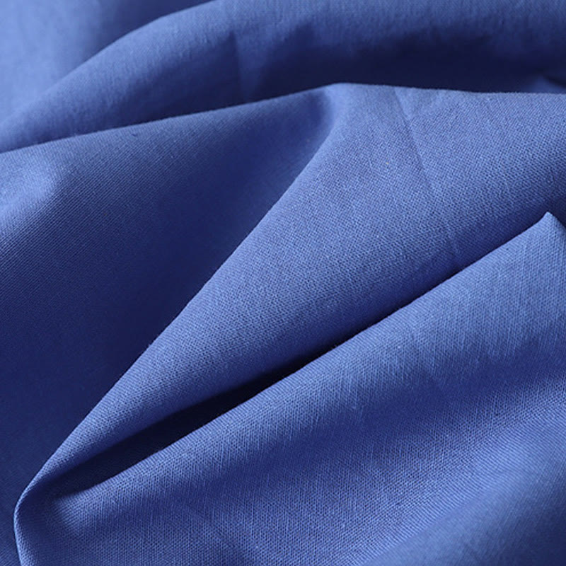 Robe mi-longue décontractée en coton et lin avec boutons au dos, couleur pure, col ras du cou, manches courtes et poches