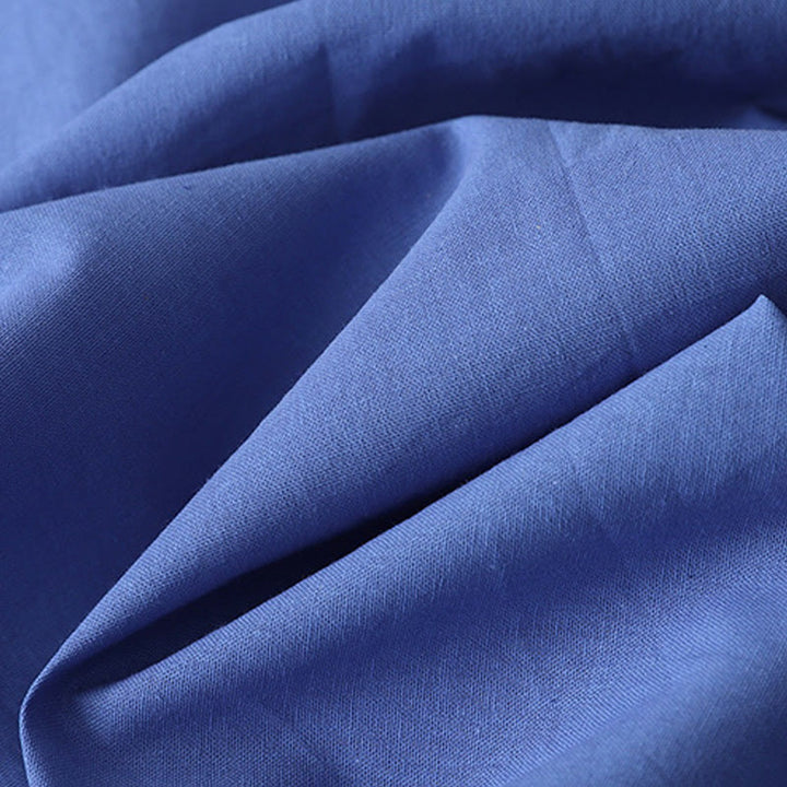 Robe mi-longue décontractée en coton et lin avec boutons au dos, couleur pure, col ras du cou, manches courtes et poches