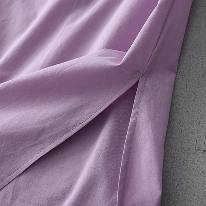Robe mi-longue décontractée en coton et lin avec boutons au dos, couleur pure, col ras du cou, manches courtes et poches