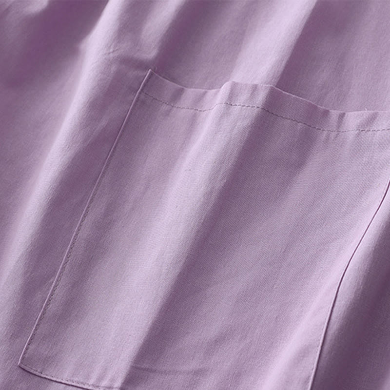 Robe mi-longue décontractée en coton et lin avec boutons au dos, couleur pure, col ras du cou, manches courtes et poches