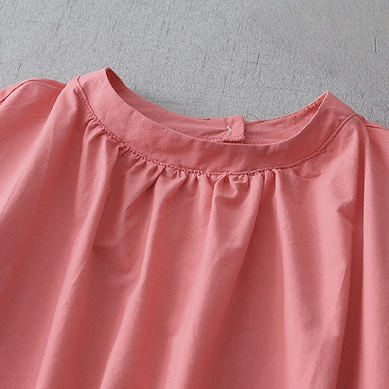 Robe mi-longue décontractée en coton et lin avec boutons au dos, couleur pure, col ras du cou, manches courtes et poches