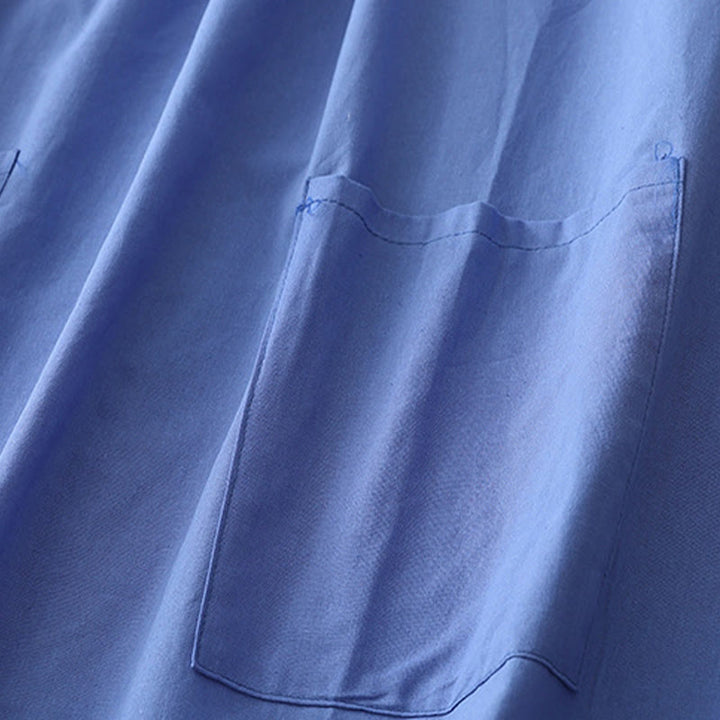 Robe mi-longue décontractée en coton et lin avec boutons au dos, couleur pure, col ras du cou, manches courtes et poches