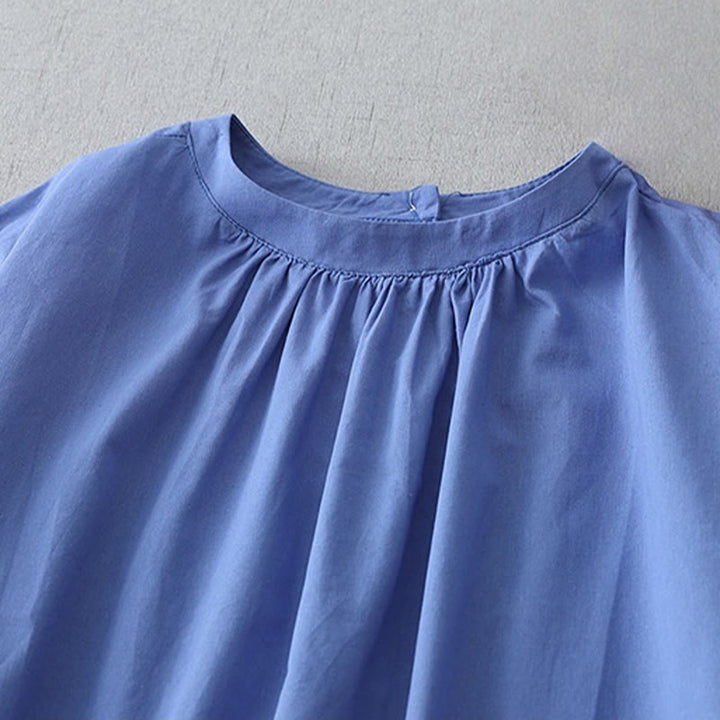 Robe mi-longue décontractée en coton et lin avec boutons au dos, couleur pure, col ras du cou, manches courtes et poches