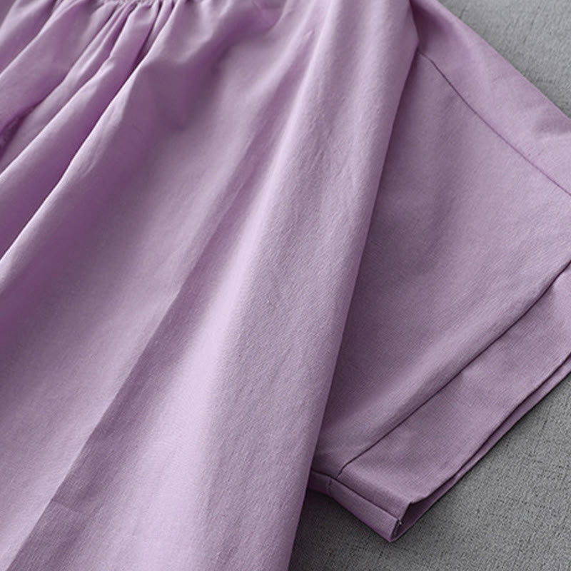 Robe mi-longue décontractée en coton et lin avec boutons au dos, couleur pure, col ras du cou, manches courtes et poches