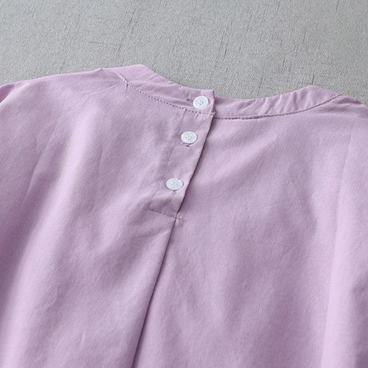 Robe mi-longue décontractée en coton et lin avec boutons au dos, couleur pure, col ras du cou, manches courtes et poches