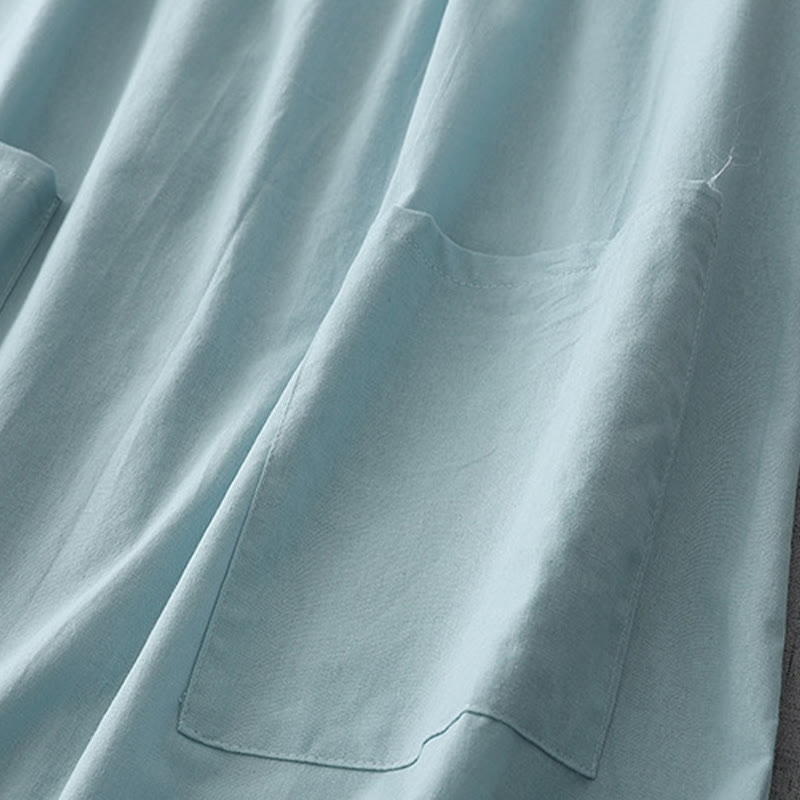 Robe mi-longue décontractée en coton et lin avec boutons au dos, couleur pure, col ras du cou, manches courtes et poches