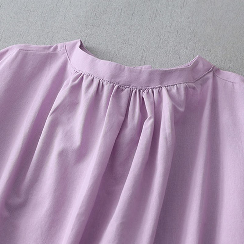 Robe mi-longue décontractée en coton et lin avec boutons au dos, couleur pure, col ras du cou, manches courtes et poches