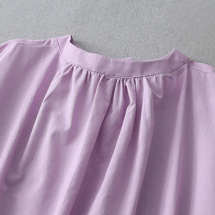 Robe mi-longue décontractée en coton et lin avec boutons au dos, couleur pure, col ras du cou, manches courtes et poches