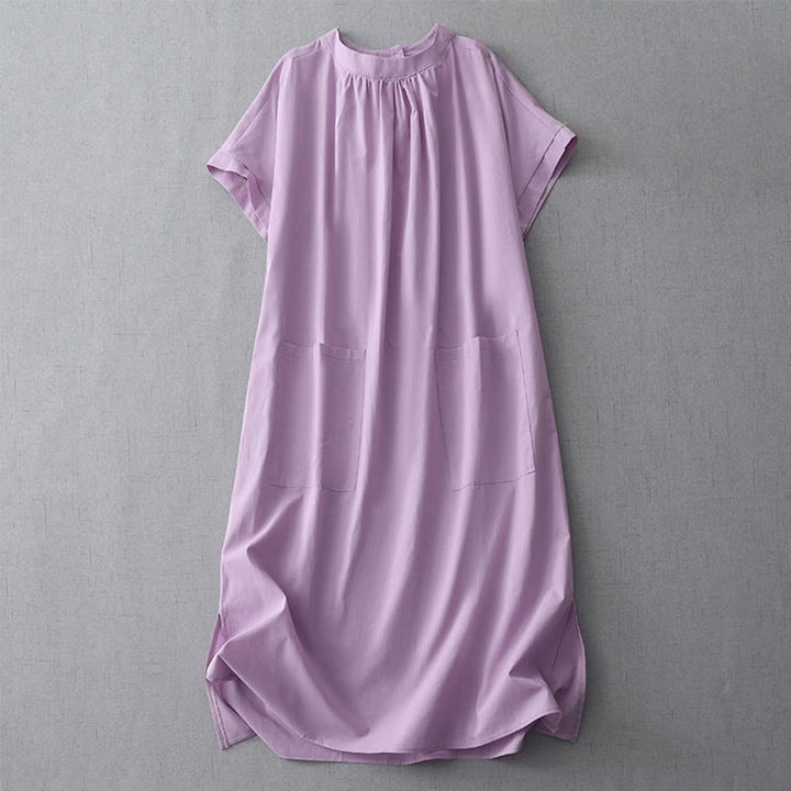 Robe mi-longue décontractée en coton et lin avec boutons au dos, couleur pure, col ras du cou, manches courtes et poches