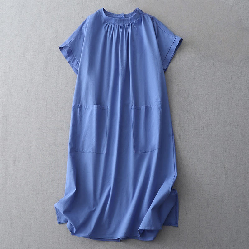 Robe mi-longue décontractée en coton et lin avec boutons au dos, couleur pure, col ras du cou, manches courtes et poches