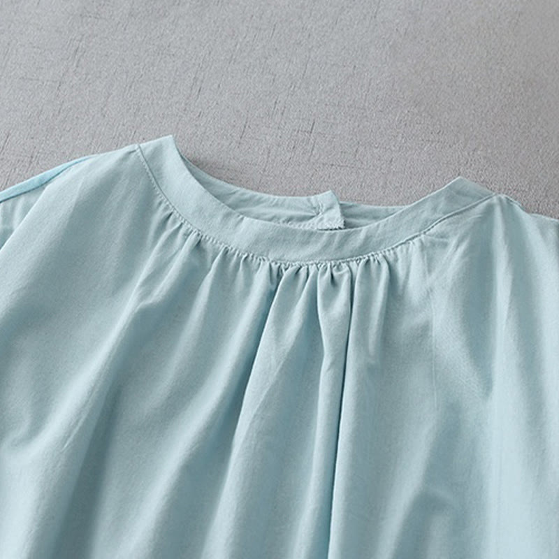Robe mi-longue décontractée en coton et lin avec boutons au dos, couleur pure, col ras du cou, manches courtes et poches