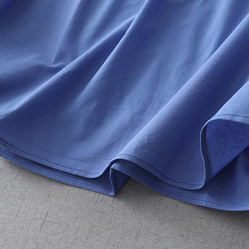 Robe mi-longue décontractée en coton et lin avec boutons au dos, couleur pure, col ras du cou, manches courtes et poches
