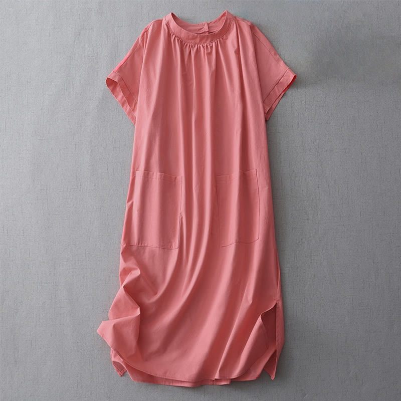 Robe mi-longue décontractée en coton et lin avec boutons au dos, couleur pure, col ras du cou, manches courtes et poches