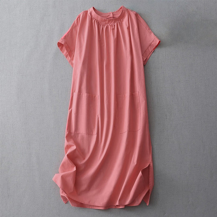 Robe mi-longue décontractée en coton et lin avec boutons au dos, couleur pure, col ras du cou, manches courtes et poches