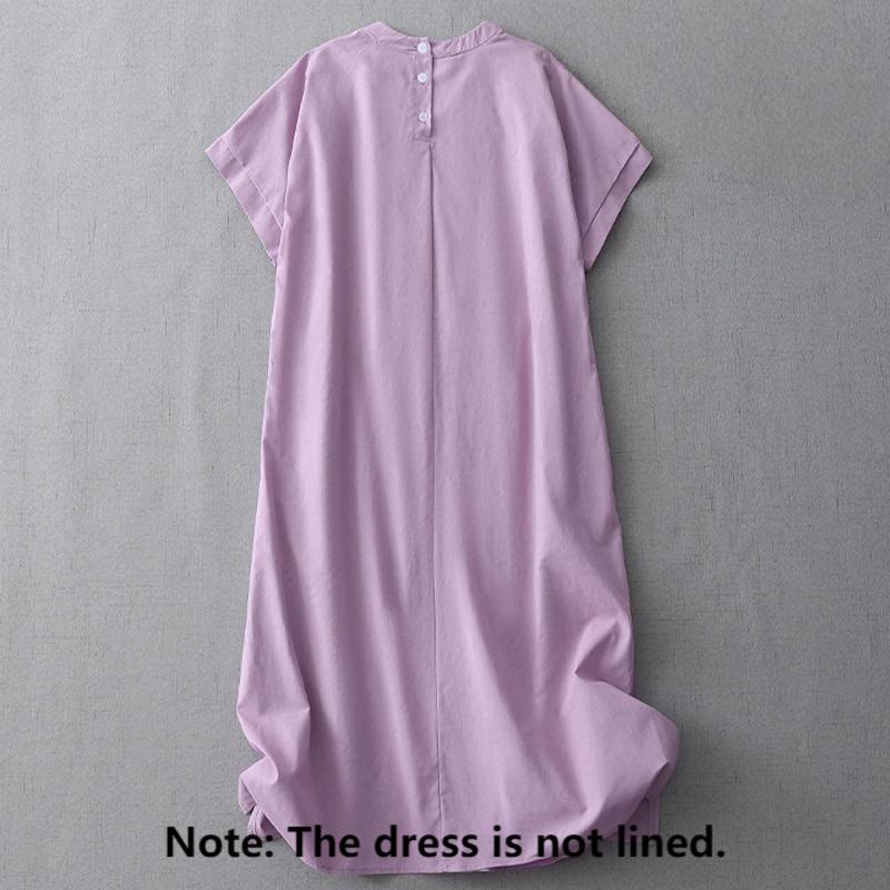 Robe mi-longue décontractée en coton et lin avec boutons au dos, couleur pure, col ras du cou, manches courtes et poches