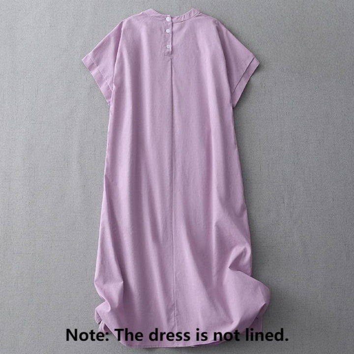 Robe mi-longue décontractée en coton et lin avec boutons au dos, couleur pure, col ras du cou, manches courtes et poches