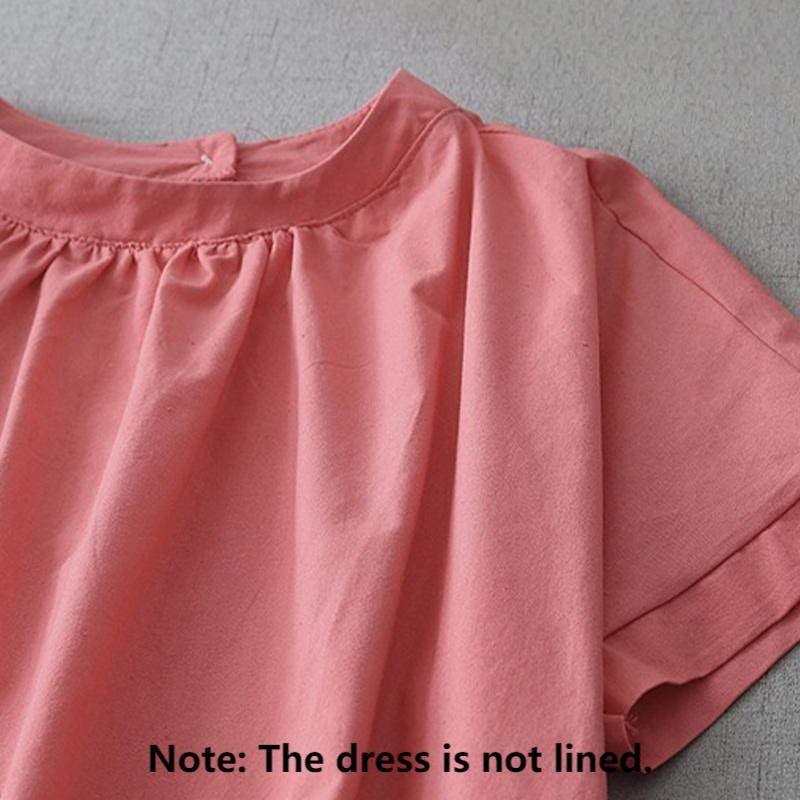 Robe mi-longue décontractée en coton et lin avec boutons au dos, couleur pure, col ras du cou, manches courtes et poches