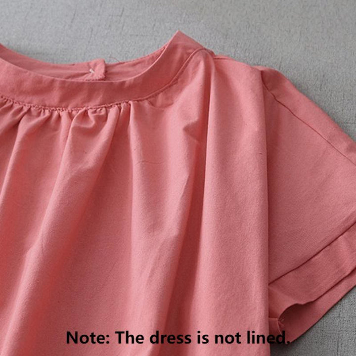 Robe mi-longue décontractée en coton et lin avec boutons au dos, couleur pure, col ras du cou, manches courtes et poches