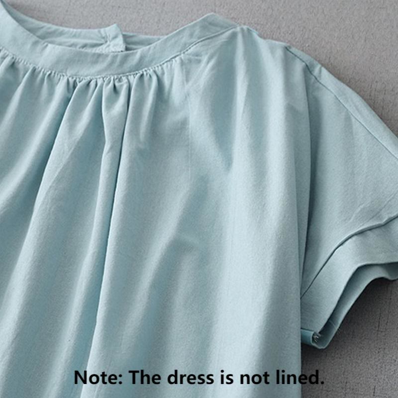 Robe mi-longue décontractée en coton et lin avec boutons au dos, couleur pure, col ras du cou, manches courtes et poches