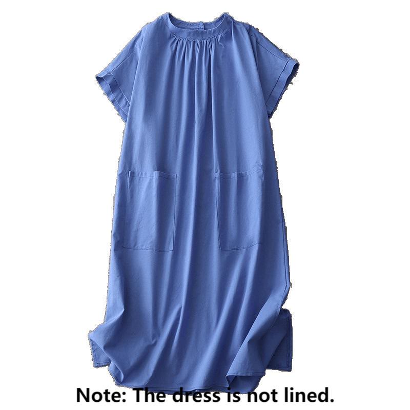 Robe mi-longue décontractée en coton et lin avec boutons au dos, couleur pure, col ras du cou, manches courtes et poches