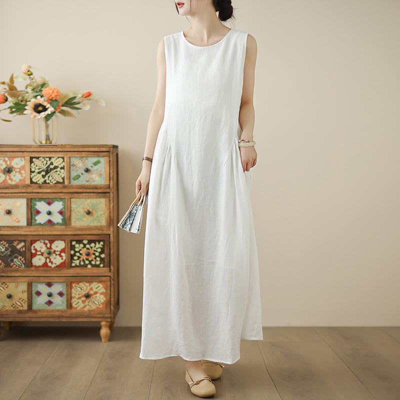 Robe mi-longue décontractée en coton sans manches avec poches et boutons au dos, motif floral Buddha Stones - FloralBlanc - US8-10，UK/AU12-14，EU40-42 (2XL) - image 1