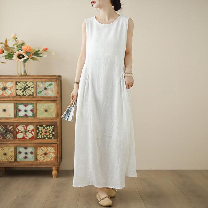 Robe mi-longue décontractée en coton sans manches avec poches et boutons au dos, motif floral Buddha Stones - FloralBlanc - US8-10，UK/AU12-14，EU40-42 (2XL) - image 1