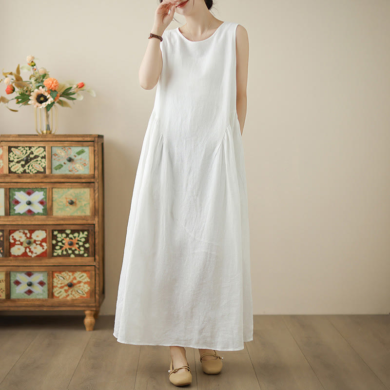 Robe mi-longue décontractée en coton sans manches avec poches et boutons au dos, motif floral Buddha Stones - image 2