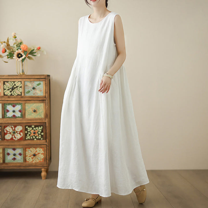 Robe mi-longue décontractée en coton sans manches avec poches et boutons au dos, motif floral Buddha Stones - image 3