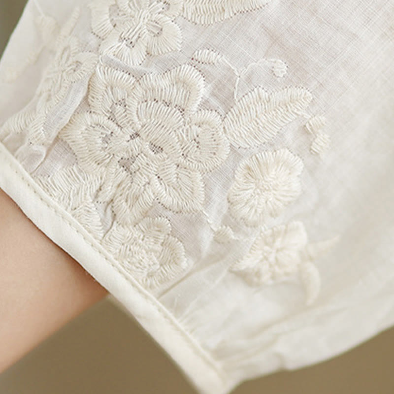 Robe midi décontractée beige en coton et lin avec broderie Buddha Stones et poches, manches trois-quarts - image 10