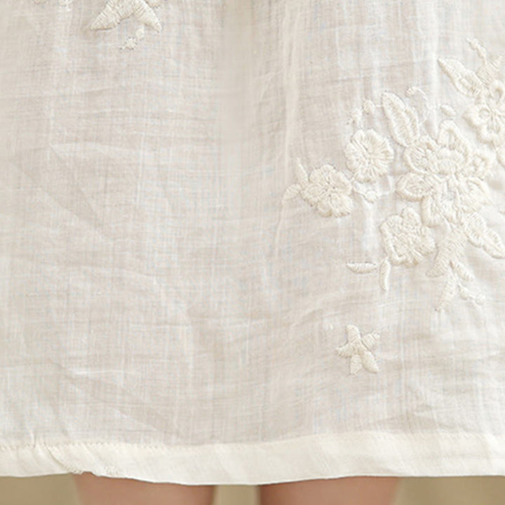 Robe midi décontractée beige en coton et lin avec broderie Buddha Stones et poches, manches trois-quarts - image 11