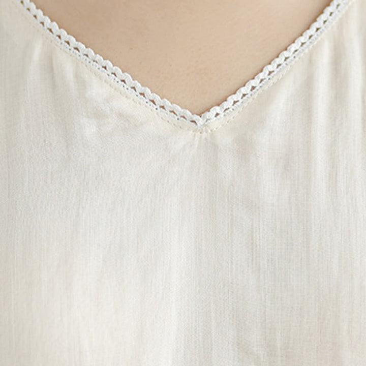 Robe midi décontractée beige en coton et lin avec broderie Buddha Stones et poches, manches trois-quarts - image 8