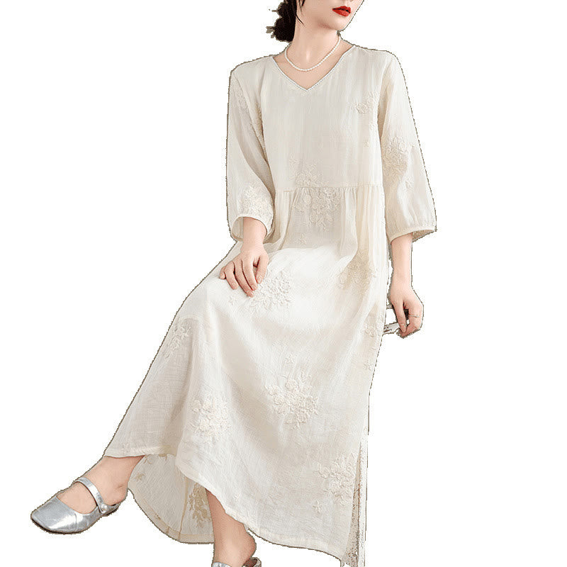 Robe midi décontractée beige en coton et lin avec broderie Buddha Stones et poches, manches trois-quarts - image 12