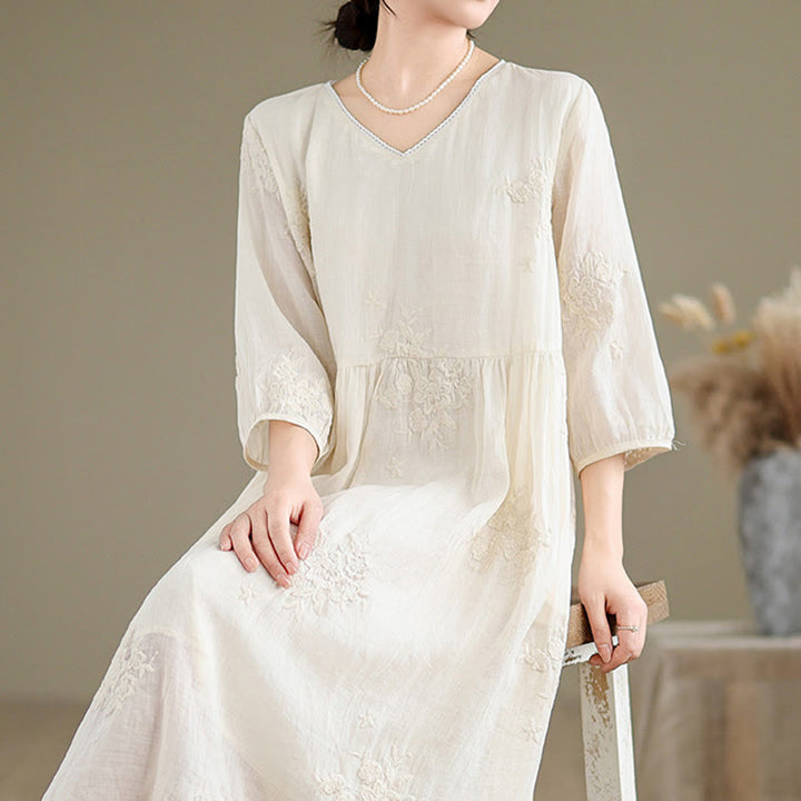 Robe midi décontractée beige en coton et lin avec broderie Buddha Stones et poches, manches trois-quarts - image 6