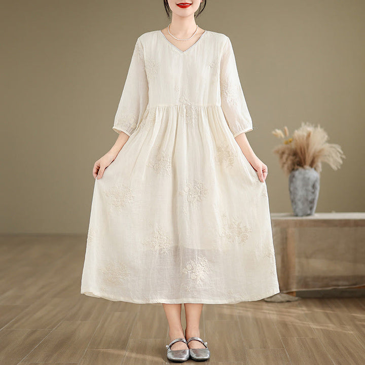 Robe midi décontractée beige en coton et lin avec broderie Buddha Stones et poches, manches trois-quarts - image 3