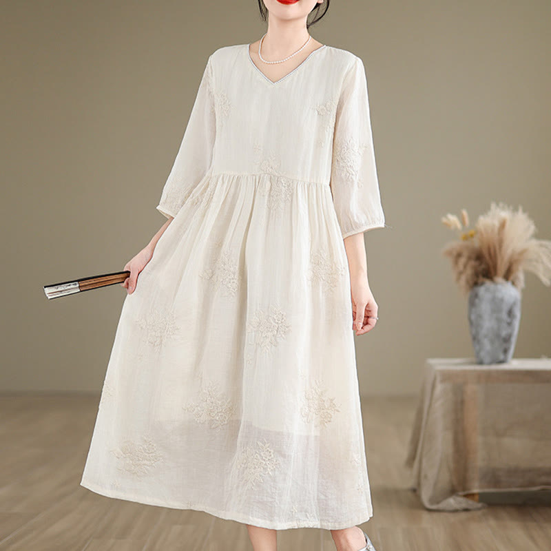 Robe midi décontractée beige en coton et lin avec broderie Buddha Stones et poches, manches trois-quarts - image 5