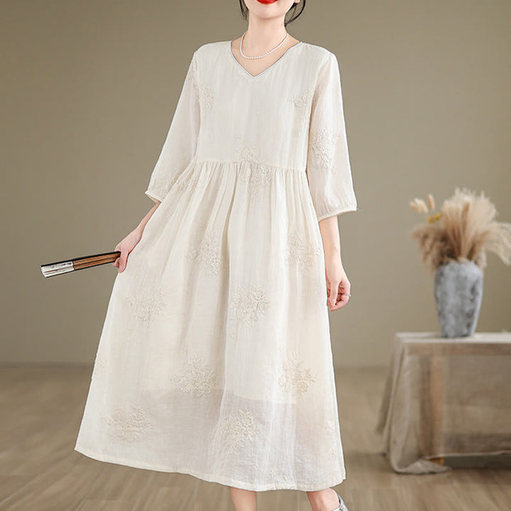 Robe midi décontractée beige en coton et lin avec broderie Buddha Stones et poches, manches trois-quarts - image 5